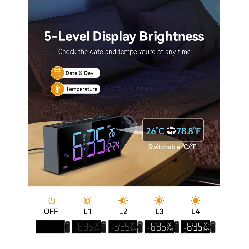 Netzu Projection Clock for Bedroom Ceiling, Alarm Clocks with 180°