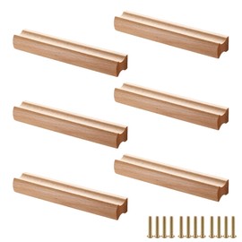 sinzau Pack of 6 Wooden Furniture Handles, Cabinet Handles Wood with Screws, Hole Spacing 128 mm, for Cupboards, Bathrooms, Offices and Kitchens