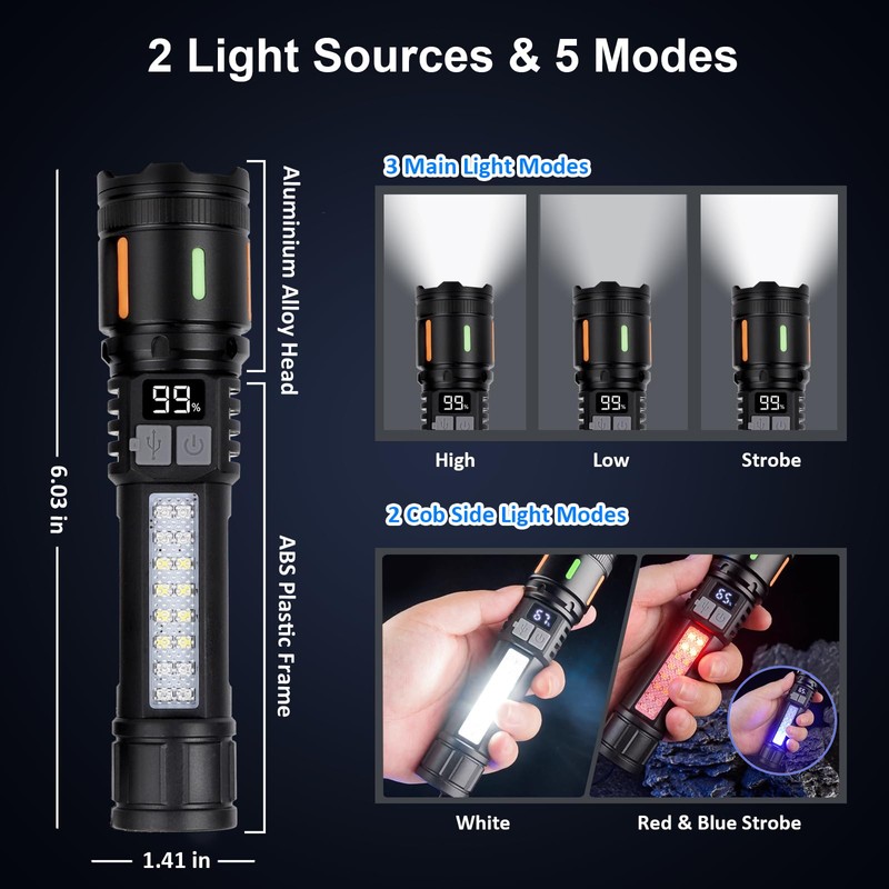 Flashlights High Lumens Rechargeable, 900,000L Handheld Super Bright Led Flashlight