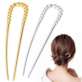 French Hair Pins for Women, U-Shaped Metal Hair Pins for Long and Thick Hair, 5.12 Inch Large French Pins Hair Forks for Various Hair Styles (Gold Silver) 2PCS