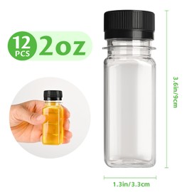zandfelo 12 Pcs 2 oz Plastic Juice Bottles, Mini Plastic Bottles with Black Lids, Reusable Beverage Container, Mini Containers for Juice, Milk or Other Drinks
