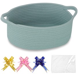 COMSE Small Woven Basket with Gift Bags and Ribbons, Gift Basket Empty, Basket for Gifts, Cotton Rope Basket for Storage, Baby Toy Basket with Handles, 12" x 8" x 5", Light Green