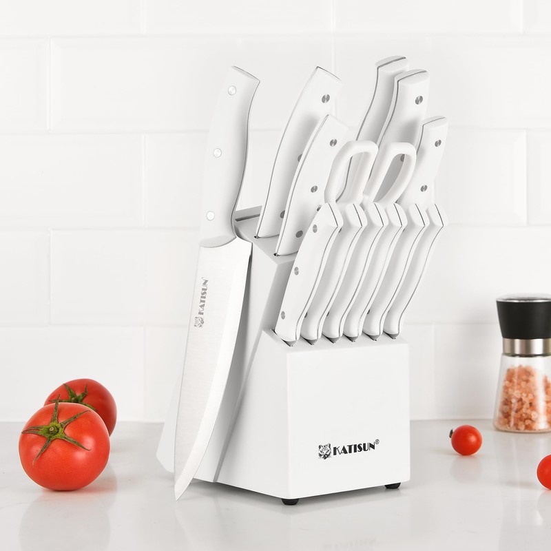 KATISUN 15-Piece White Kitchen Knife Set with Built-in Sharpening Stone,