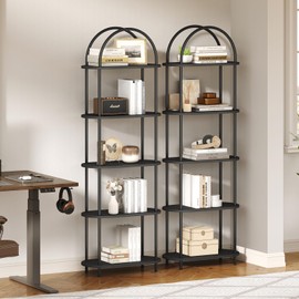 HOOBRO 5 Tier Open Bookshelf, Industrial Arched Bookcase Display Shelf Racks, Wooden Bookcase Storage Shelves Metal Frame, Tall Storage Organizer for Home, Easy Assembly, Black BB176SJ01
