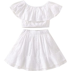 Toddler Little Girls Lace Ruffled Off Shoulder Crop Tops + Tulle Layered Skirts Summer Pricess Dress Clothes Set (Hollow Out White,6-7Years)