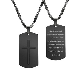 Cross Dog Tag Necklace For Men - Be Strong & Courageous, Black - 24 Inch Stainless Steel Black Dog Tag Chain Bible Verse Necklace - Joshua 1:9, w/ Plush Velvet Gift Box, Christian Dog Tags