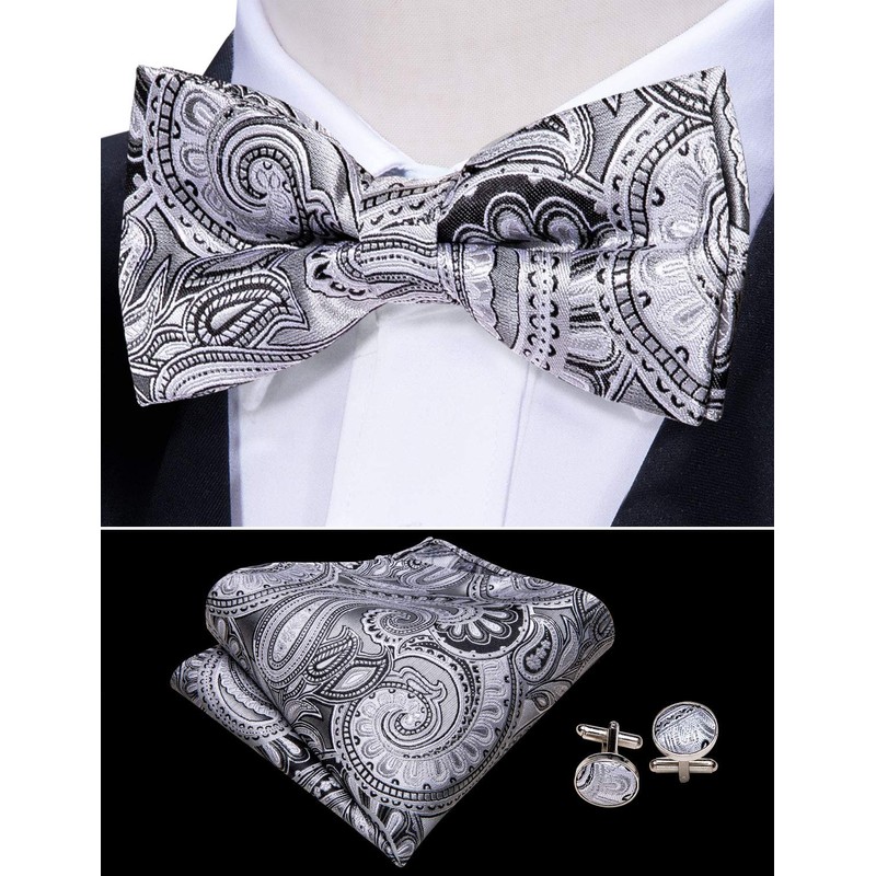 Barry.Wang Mens Silver Cummerbund Bow Tie Set, Silk Cummerbund Pretied