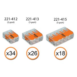 WAGO 221 Lever Nuts 78pc Compact Splicing Wire Connector Assortment with Case. Includes (34x) 221-412, (26x) 221-413, (18x) 221-415 | Peppy Products