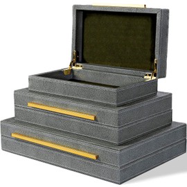XINSTAR Faux Dark Grey Shagreen Leather Decorative Boxes,Decorative Storage Boxes With Lids 3 Pcs Set,Storage Boxes Jewelry Organizer,Women'S Accessory Organizer Men'S Jewelry Organizer