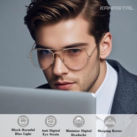 KANASTAL Anti Blue Light Glasses for Men Women, Military Design Metal Frame Blue Light Blocking Glasses, Anti UV Ray Computer Gaming Eyeglasses (Gold/Non-polarized Anti Bluelight)