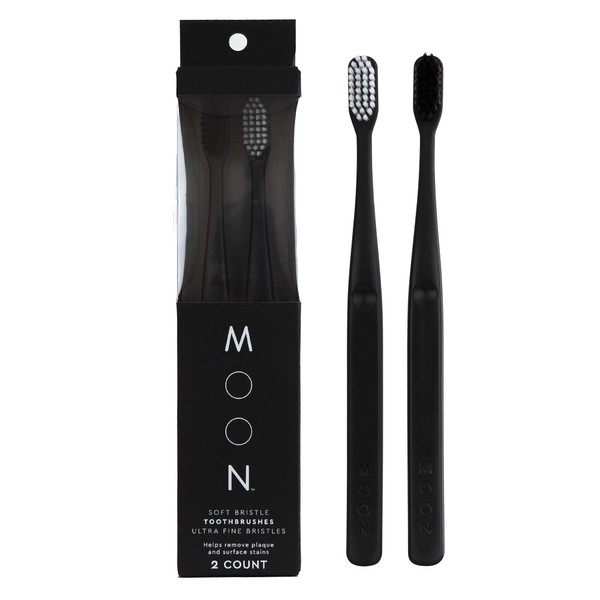 Moon Toothbrushes, Soft Bristle, White and Black Sleek Toothbrushes, 2 Pack