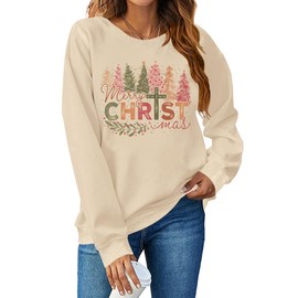 CAZYCHILD Christmas Sweatshirts for Women Merry Christmas Tree Graphic Long Sleeve Xmas Vacation Pullover Christian Tops Beige