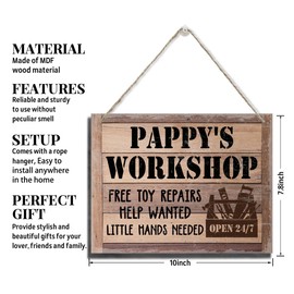 Rustic Sign, Father's Day Gift, Dad's Gift, Grandpa's Gift, Hanging Printed Wood Wall Art Sign, Pappy's Workshop Free Toy Repairs Help Wanted Little Hands Needed, Vintage Sign Gift for Grandpa