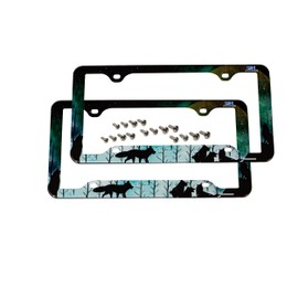FantasHome Stainless Metal Car License Plate Frame Covers with 4 Holes - 2 Pack with Unique Designs, Standard Size for U.S. and Canada (Wolf)