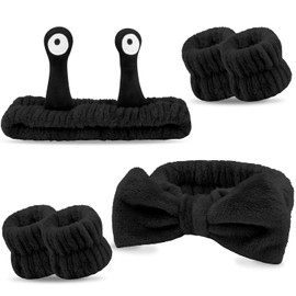 Atoden Spa Headband and Wristband Set Skincare Headband Makeup Headband Bowknot Snail Headbands Wrist Bands for Washing Face Cute Animal Face Wash Headband for Women Girls (Black)