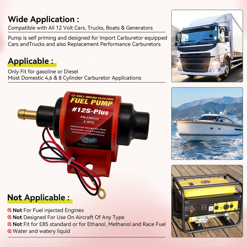 ENGINEMAN Universal 12 Volt Electric Fuel Pump 5-9 PSI, 35GPH,
