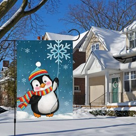 Winter Penguins Garden Flag Welcome Christmas Snowflakes Scarfs Yard Flags 12x18 Inch Double Sided Burlap Xmas Banner for Winter Holiday Christmas Outdoor Decoration(ONLY FLAG)