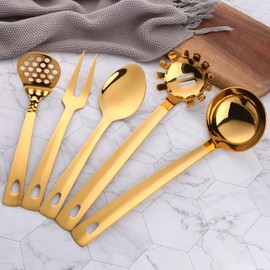 Buyer Star Kitchen Utensils Set 5 Pcs Cooking Utensils Stainless Steel 18/0 Kitchen Tool And Gadgets Salad Spoon Forks Big Gravy Ladles Pasta Server Potato Masher Mirror Polish Dish Washer Safe, Gold