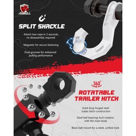 AMBULL Rotatable Split Shackle Trailer Hitch Receiver & 2-Inch Ball Mount, 3/4" Jowl Split Shackle with 2" Towing Ball Mounts, 23T/50706Lbs Break Strength Heavy Duty Towing Recovery Hitch, Blackwhite