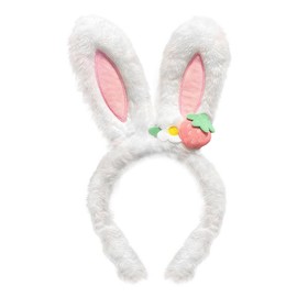 Easter Bunny Ears Headband Plush Easter Rabbit Ear Hairband Cute Strawberry Bunny Ears Headbands for Women Girls Easter Cosplay Party Headwear Festival Costume Hair Accessories Gift 1PCS(White)