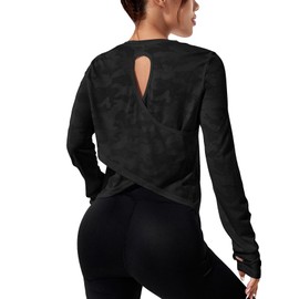 SweatyRocks Women's Lightweight Long Sleeve Workout Sports Activewear T Shirts Criss Cross Back Yoga Sports Tee Black XL