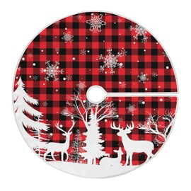 Christmas Tree Skirt Deer Reindeer Buffalo Plaid Small Xmas Tree Skirts Decorative 90 CM Burlap Tree Mat Cover for Holiday Party