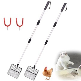 WodGod 2 Pcs Cat & Chicken Poop Scooper Set, Metal 4 in 1 Long Handle Cat Litter Scoop, Chicken Coop Must Haves Accessories, Durable Chicken Coop Rake (Long Handle-White)