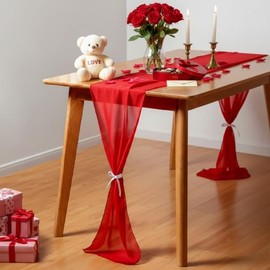 Tegeme 2 Caminos de Mesa de Gasa Roja de San Valentín 14 de Febrero 12 x 106 Pulgadas Camino de Mesa Romántico Transparente para Bodas, Aniversarios Fiestas Compromiso Decoración Mesa Día de Madre