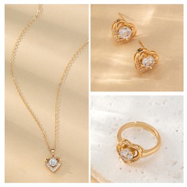 TOFBS Jewellery Sets for Women Heart Jewellery Set with Zirconia Crystal Necklace Earrings Rings Bracelet Jewellery 4-Piece Set for Her Girlfriend Christmas Valentine's Day Mother's Day, Copper Alloy