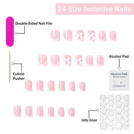 Short Press on Nails Square SWEKKE French Tip Fake Nails Pink Full Cover False Nails with Pink Bow Charm Designs Glossy Glue on Nails Cute Acrylic Nails Artificial Nails for Women Girls 24Pcs