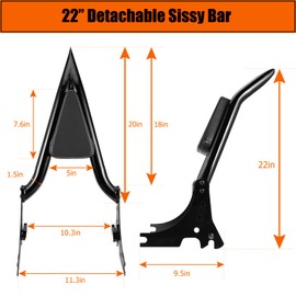 22" Motorcycle Sissy Bar for Harley Sportster, Detachable Passenger Backrest for Harley Davidson 2004-2022 Sportster XL883 XL1200 Iron 883/1200 Forty-Eight Seventy-Two Custom Special SuperLow, Black