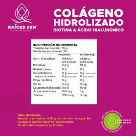 Colágeno Hidrolizado con Biotina y Ácido Hialurónico de Raíces Zen, en Polvo de 300 g
