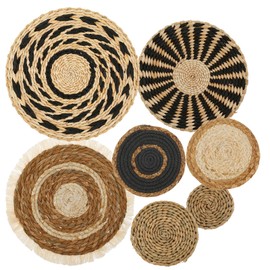 7 Pcs Boho Wall Basket Decor, Rattan Wicker Boho Wall Decor, Hanging Woven Basket Wall Decor, Round Handmade Wall Art for Living Room Bedroom Display Table Settings Home Christmas Decoration (Black)