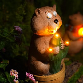 Delighture Solar Groundhog Garden Statue with LED Lights - Resin Cactus Planter Ornament for Outdoor Decor, Lawn, Patio, Yard, and Balcony, Unique Garden Gift for Women, Mom, and Grandma