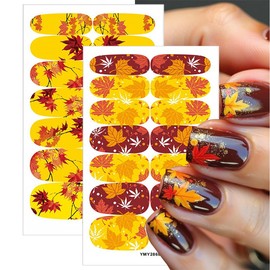 6 Sheets Fall Gel Nail Stickers Self-Adhesive Fall Gel Nail 3D Maple Leaf Fall Nail Wraps Stickers Strips Thanksgiving Maple Leaves Nail Polish Stickers for Women Autumn Nail Design DIY Kit