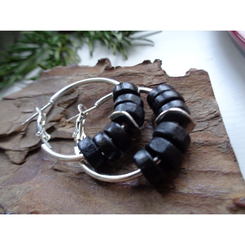 3 cm black wooden hoop earrings: earrings in boho ethnic