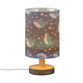 YYZZH Table Lamp Marine Shark Fish Bubble Pattern Nightstand Lamp with Wood Base Fabric Lamp Shade Bedside Desk Lamp for Living Room Bedroom Kids Room Office