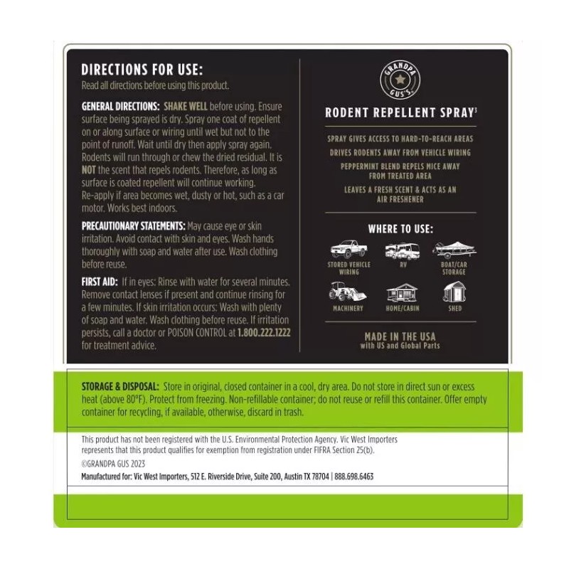 Grandpa Gus'S Rodent Repellent Spray with Sprayer, Natural Peppermint