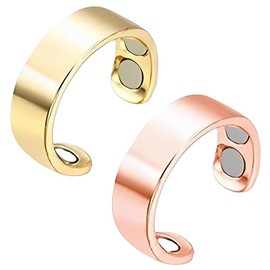PRATORT 2 Pieces Rings Women's Magnetic Rings Lymphatic Drainage Magnetic Ring Women Men Women Finger Copper 4 Ultra Strong Magnets Adjustable (Gold + Rose), beige
