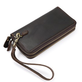 LUUFAN Men's Genuine Leather Wallet Double Zipper Long Wallet Large Capacity Clutch Bag Handbag Business Hand Clutch Cash Cards Phone Holder, Brown, brown, Casual