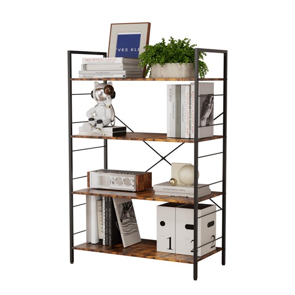 Mochalight 4 Tier Bookshelf, Large Bookcase with Steel Frame, Industrial
