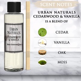 Urban Naturals Cedarwood & Vanilla Scented Oil Reed Diffuser Refill with Free Set of Reed Sticks! Cedar, Vanilla, Oak and Moss | Made in The USA