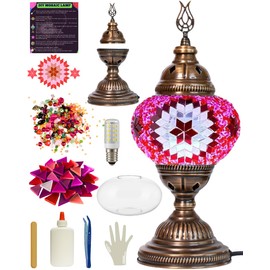 DEMMEX DIY Mosaic Table Lamp Making Craft Kit, No Grout, Antique Brass Metal Body, Complete Set with Tools, Make Your Own Mosaic Lamp (Classic, Pink)