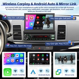 Fuluku Retractable Flip Out Single Din Touchscreen Car Stereo with Wireless Carplay Android Auto, 7 inch 1080P Touch Screen 1 Din Bluetooth Type C/USB/AUX/Steering Wheel Control/MIC