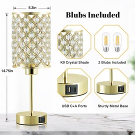 Crystal Table Lamps Set of 2, Gold Touch Lamp for Nightstand with USB C+A Ports, 3 Way Dimmable Small Bedside Lamp with Crystal Shade, End Table Desk Lamps for Bedroom, Living Room(Buld Included)