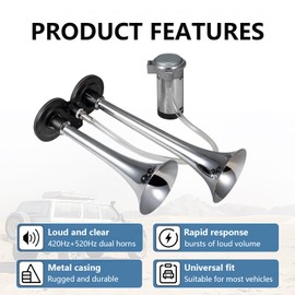 150DB Air Train Horn kit for Car, Banhao Super Loud Twin Tone Chrome Plated Zinc Dual Trumpet with Compressor for Any 12V Trucks Lorrys Trains Vans Boats (Chrome)
