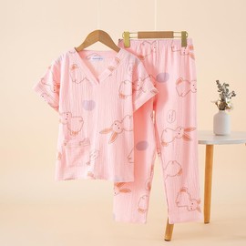 ゆめパジャマ ダブルガーゼパジャマ キッズ ルームウェア子供 コットン 春夏 秋冬 Ｖネック長袖 綿100 通気性 寝間着 男の子 女の子 兄弟 姉妹 お揃い (JP, 身長, 140, 半袖ピンク)