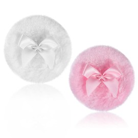 Piriuuo 2 Pcs Large Fluffy Powder Puff, 3.5 Inch Face Body Powder Puff Soft Washable Reusable Velour Dusting Powder Puff Loose Powder Puffs Wet Dry Makeup Tool (White & Pink)