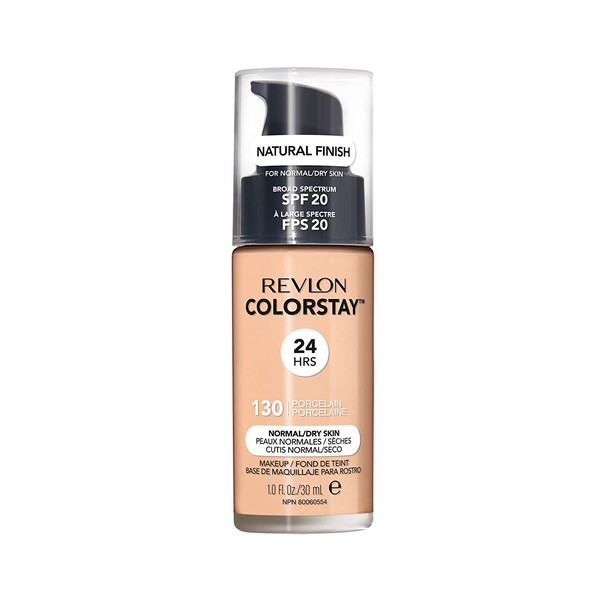 REVLON ColorStay Makeup for Normal/Dry Skin SPF 20, Longwear Liquid Foundation, with Medium-Full Coverage, Natural Finish, Oil Free, 130 Porcelain, 1.0 oz
