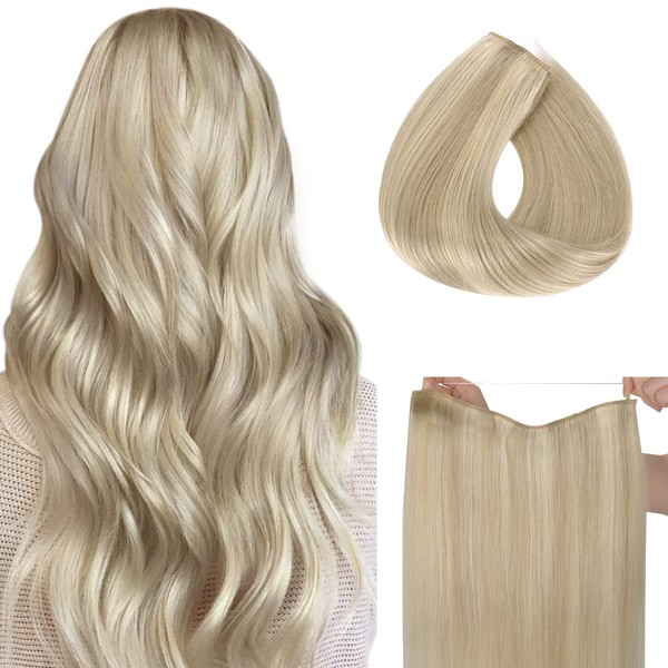 HOTBANANA Wire Hair Extensions, 14 inch 75g Ash Blonde Highlighted Platinum Blonde Fish Line Hair Extensions Real Human Hair Straight Invisible Wire Hair Extensions Remy Hair Extensions
